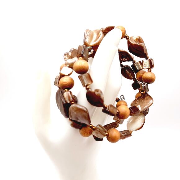 Vintage Shell Wooden Seed Bead Memory Wire Bracelet, Shades of Brown - Picture 6 of 9